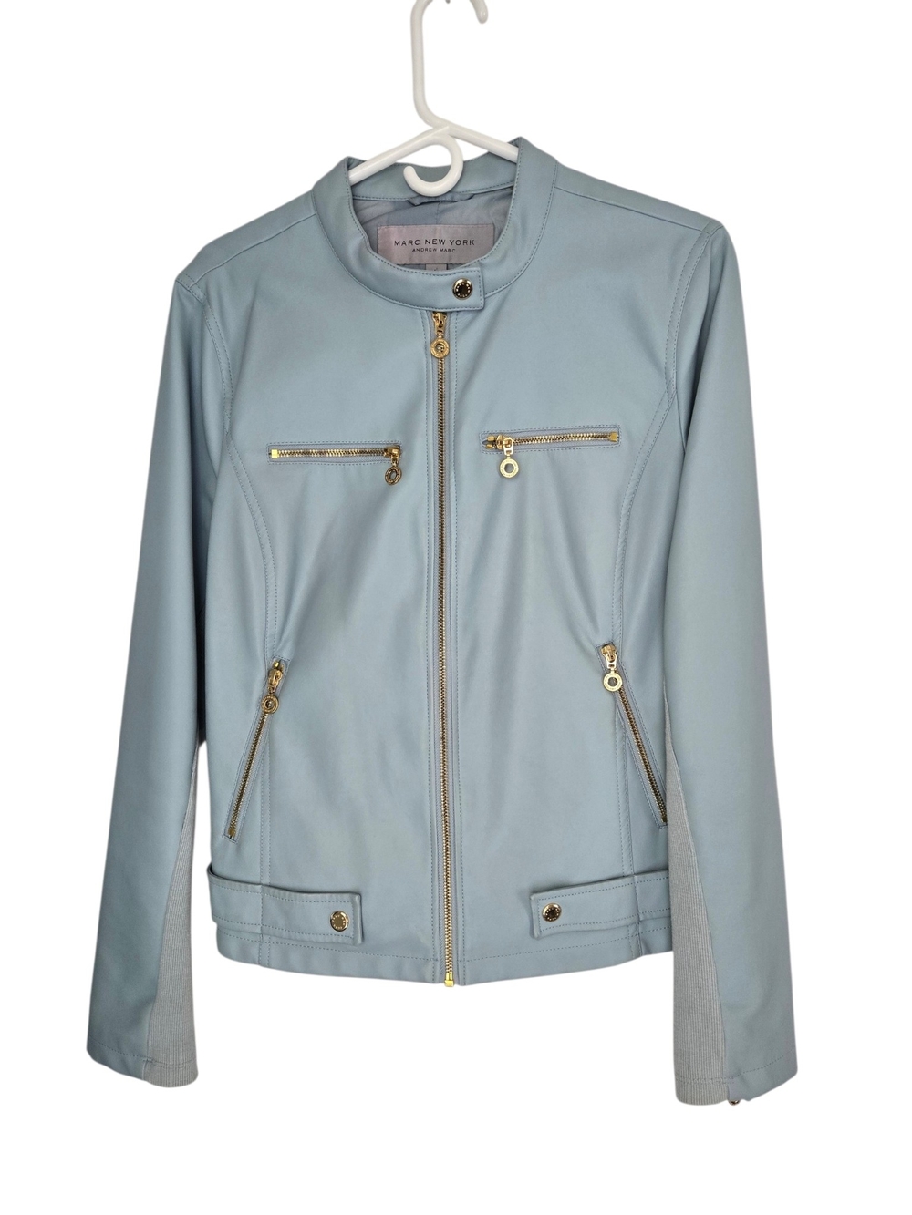 Marc New York Powder Blue Faux Leather Moto Jacket with Gold Hardware